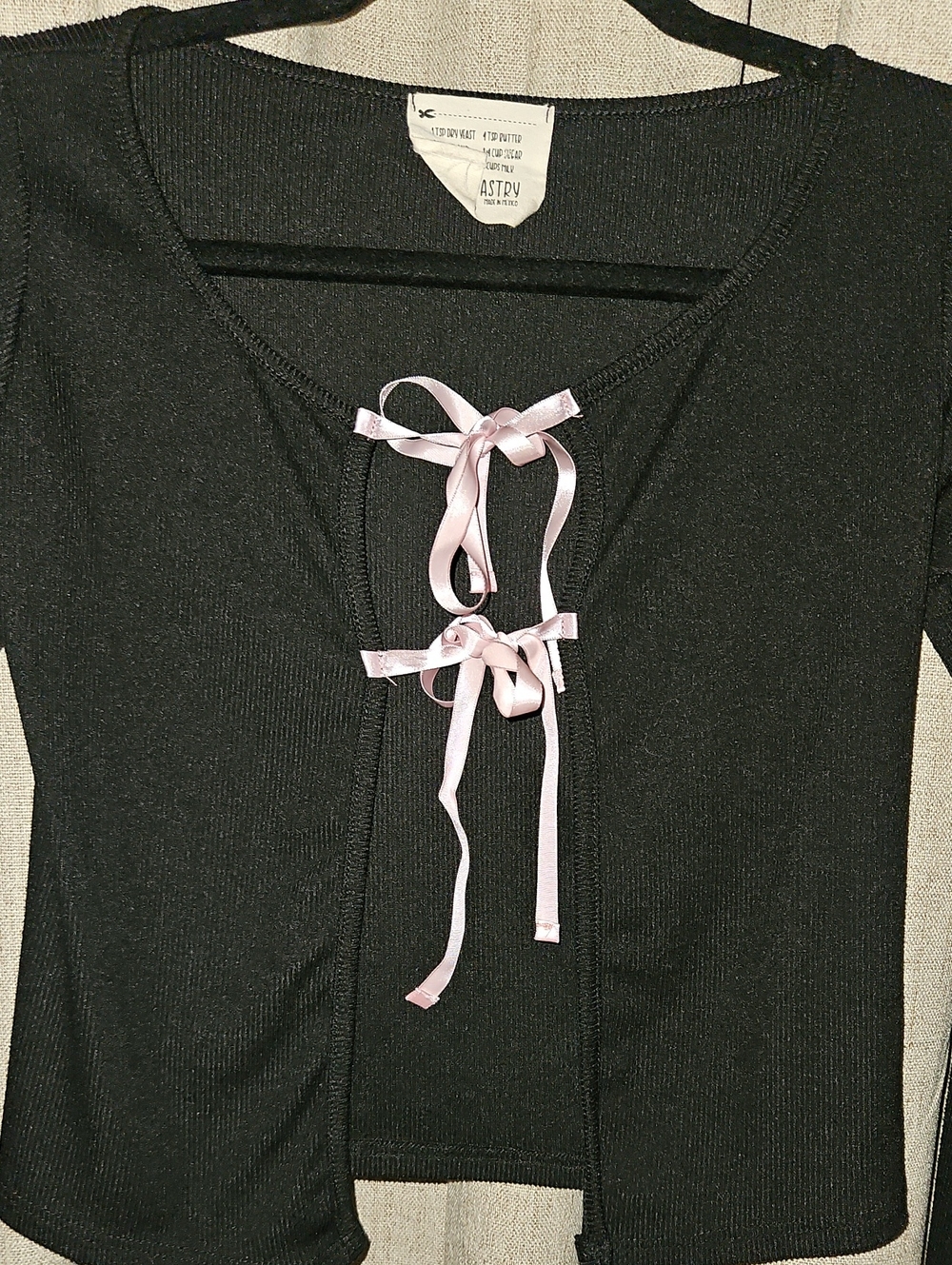Black Women's Long Sleeve Cardigan with Pink Ribbon Bow Ties - Picture 2 of 4